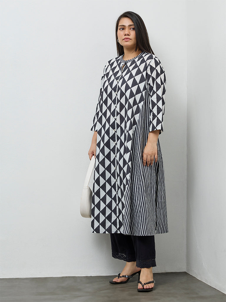Diza Black Geometric Printed Cotton A-Line Kurta