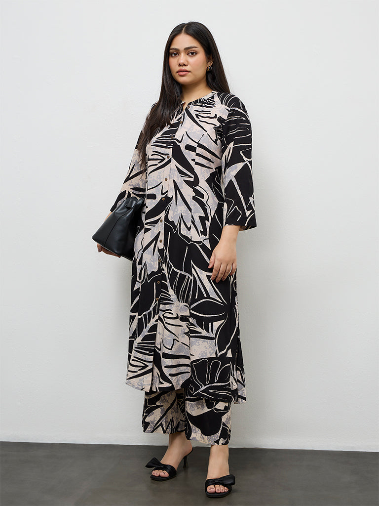 Diza Black Botanical Design A-Line Kurta