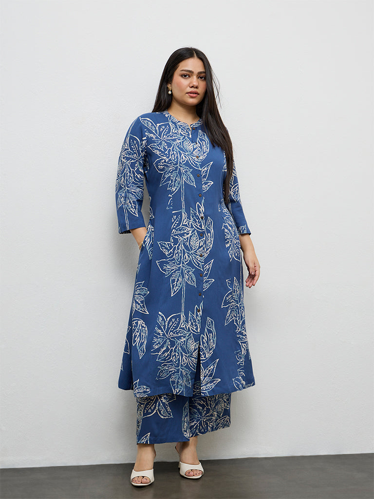 Diza Blue Foliage Pattern A-Line Kurta