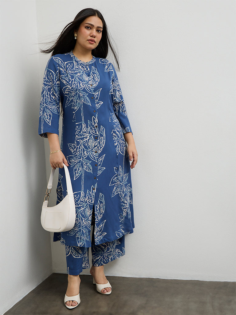 Diza Blue Foliage Pattern A-Line Kurta
