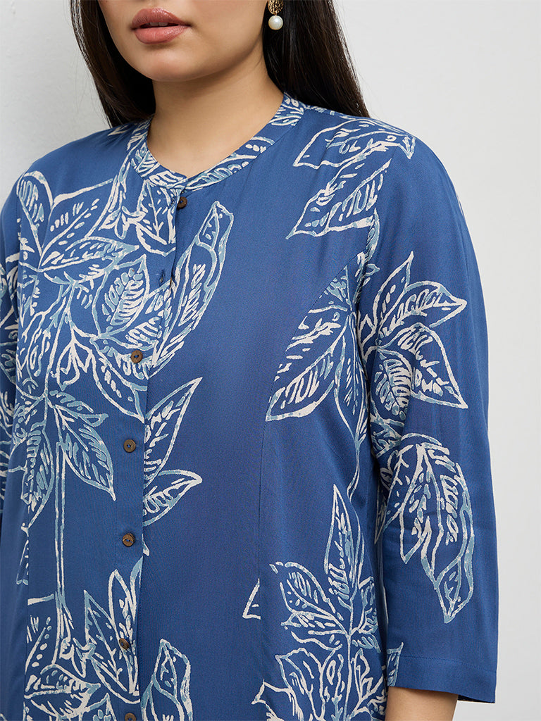 Diza Blue Foliage Pattern A-Line Kurta