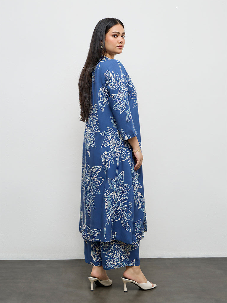 Diza Blue Foliage Pattern A-Line Kurta