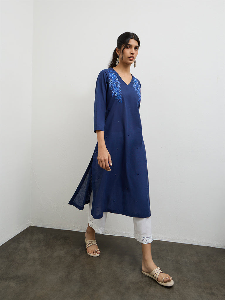 Utsa Indigo Embroidered Cotton A-Line Kurta