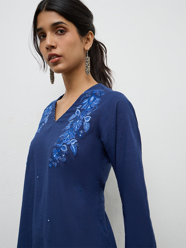 Utsa Indigo Embroidered Cotton A-Line Kurta