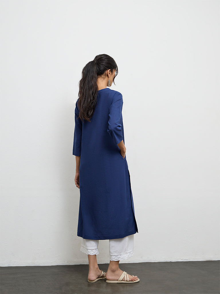 Utsa Indigo Embroidered Cotton A-Line Kurta