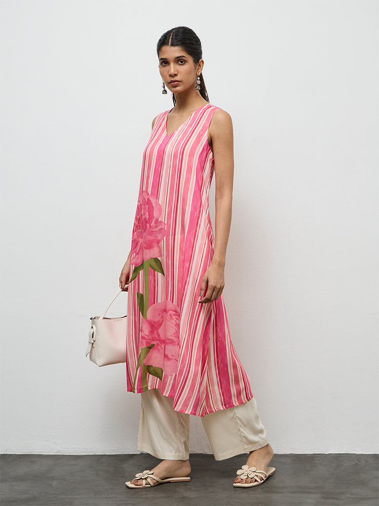 Utsa Pink Striped A-Line Kurta