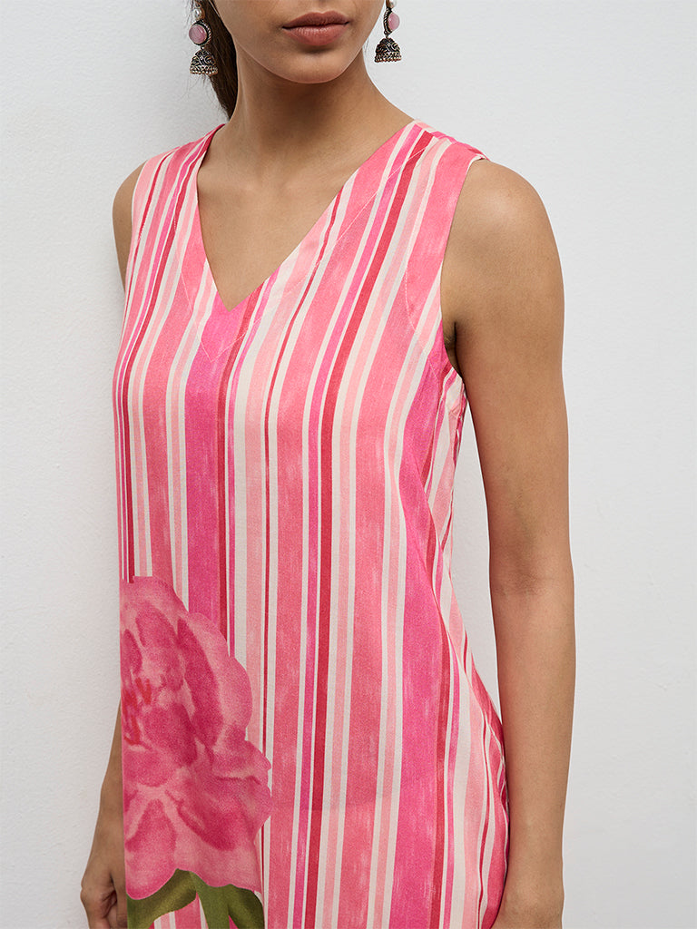 Utsa Pink Striped A-Line Kurta