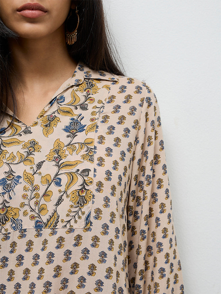 Utsa Light Beige Floral Printed Kurta