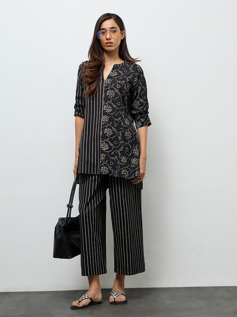 Utsa Black Striped Cotton-Blend Pants