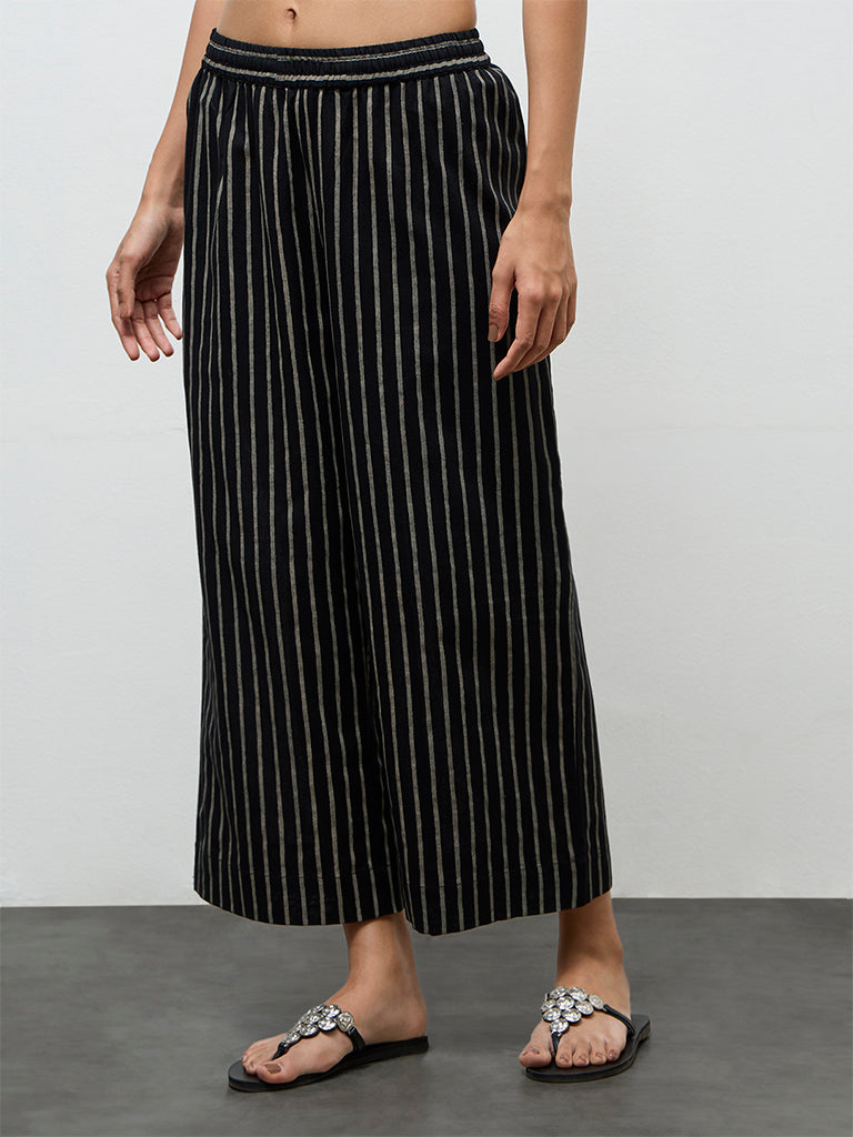 Utsa Black Striped Cotton-Blend Pants