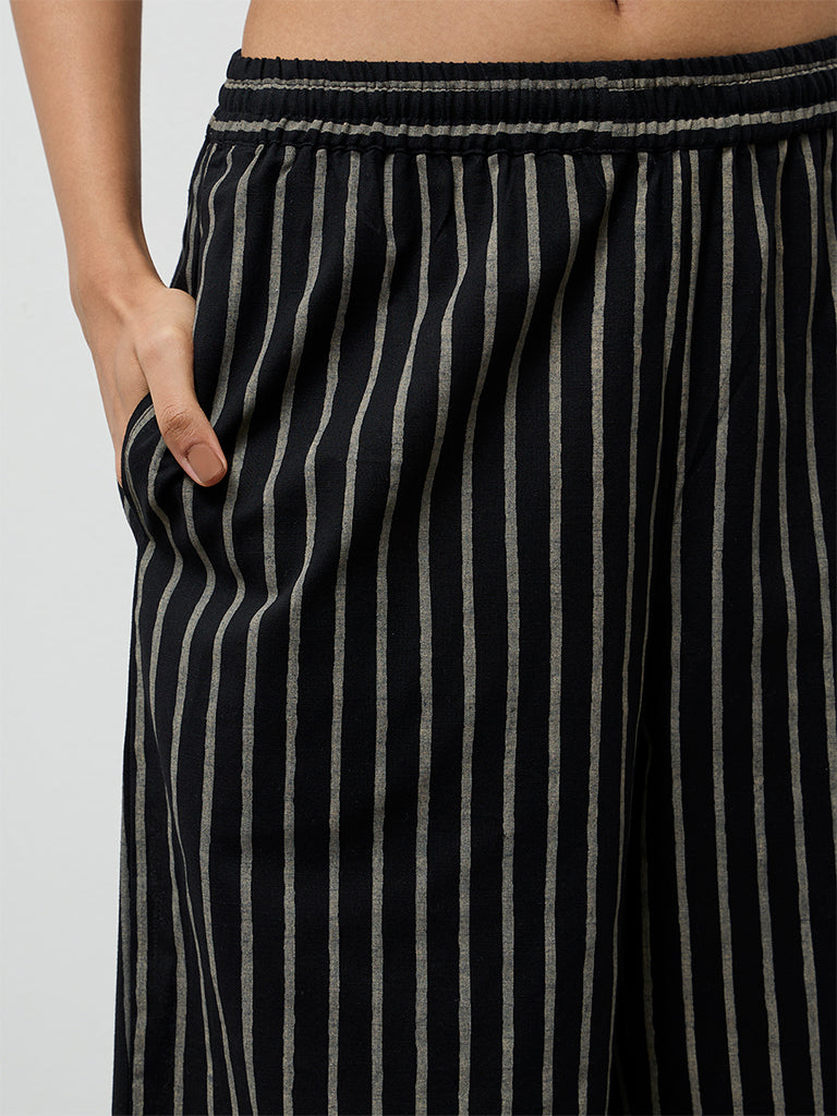 Utsa Black Striped Cotton-Blend Pants