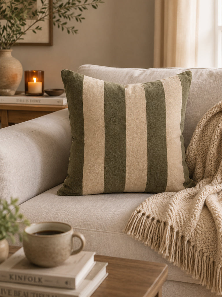 Westside Home Dark Sage Stripe Printed Cushion Cover