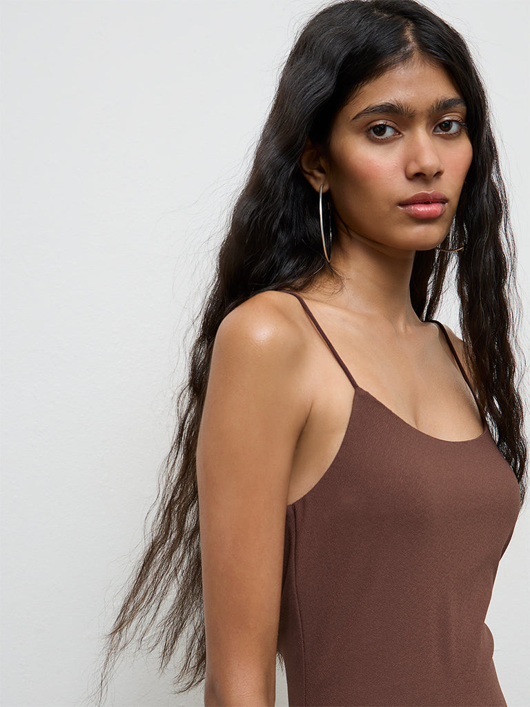 Nuon Brown Solid Slit-Detail Bodycon Dress