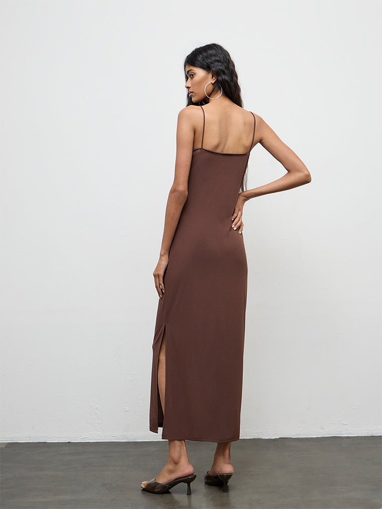 Buy Nuon Brown Solid Slit-Detail Bodycon Dress from Westside