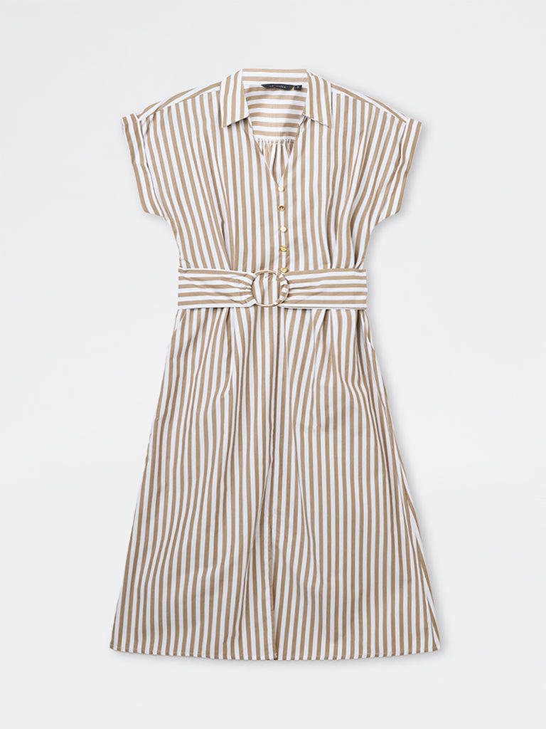 Wardrobe Taupe Striped A-Line Dress with Belt