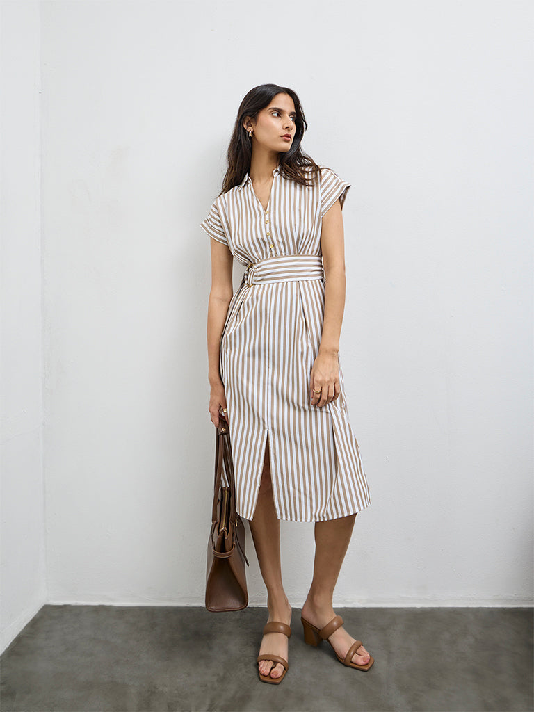 Wardrobe Taupe Striped A-Line Dress with Belt
