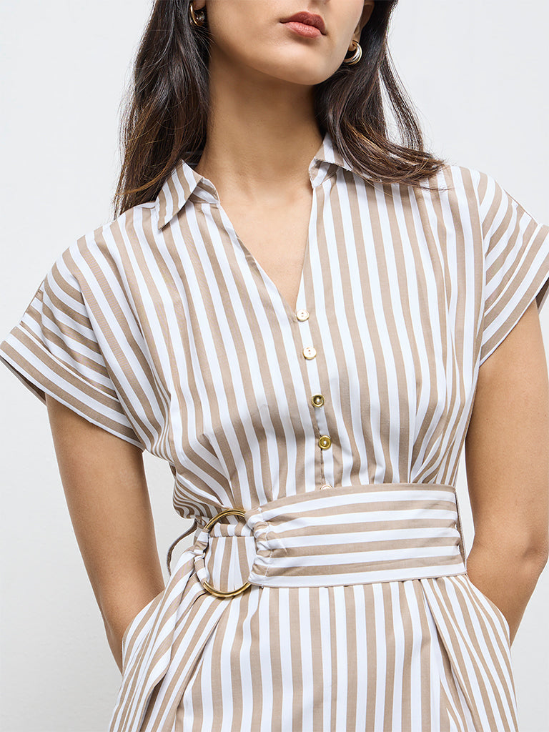Buy Wardrobe Taupe Striped A-Line Dress with Belt from Westside