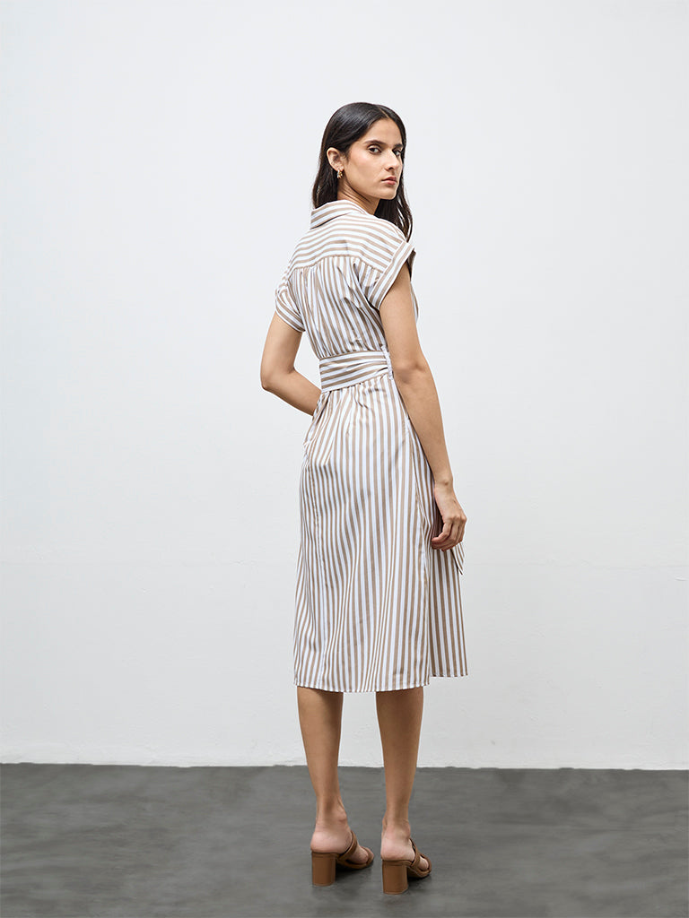 Wardrobe Taupe Striped A-Line Dress with Belt