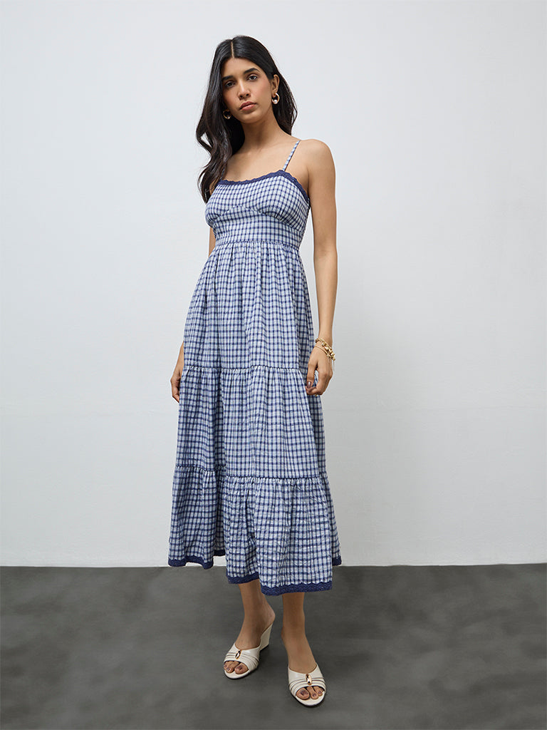 Buy LOV Navy Checkered Cotton-Blend Tiered Dress from Westside