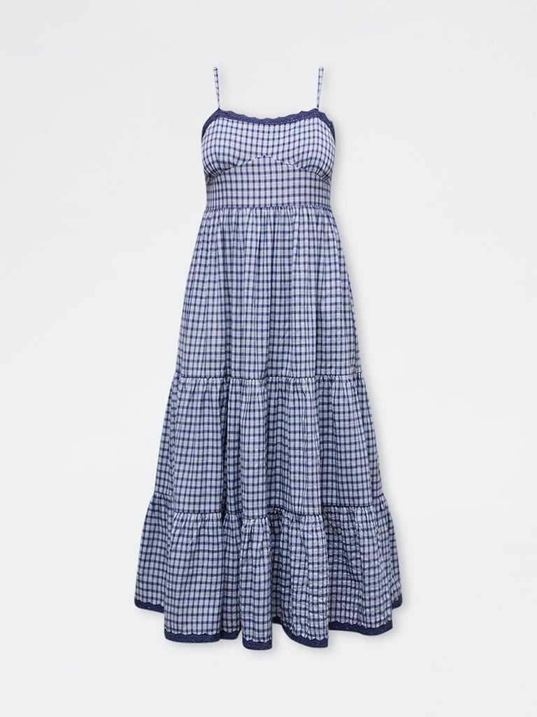 LOV Navy Checkered Cotton-Blend Tiered Dress
