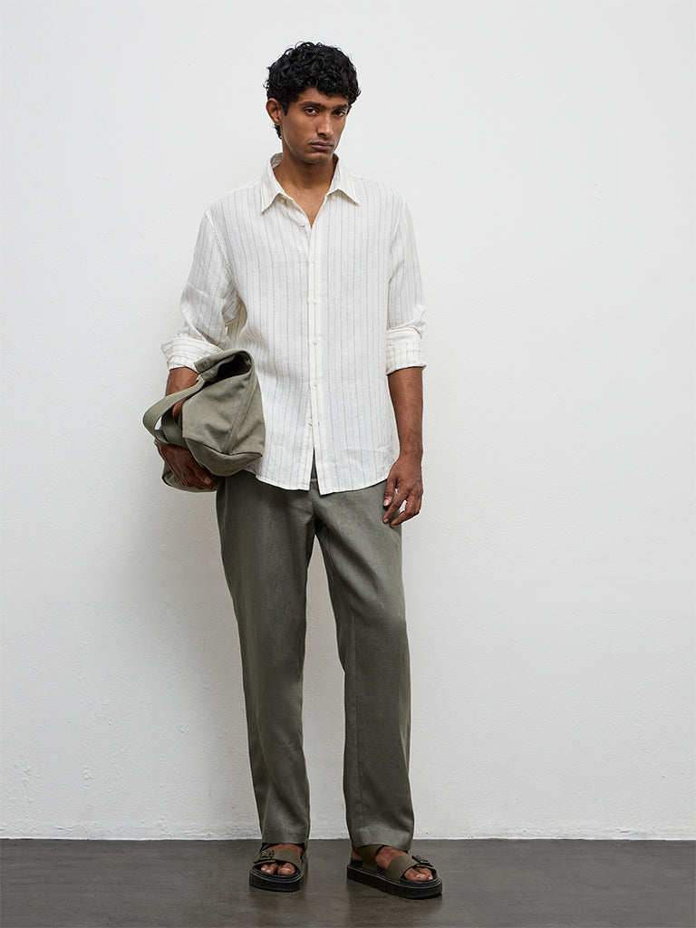 Ascot Dark Sage Relaxed-Fit Mid-Rise Linen Trousers