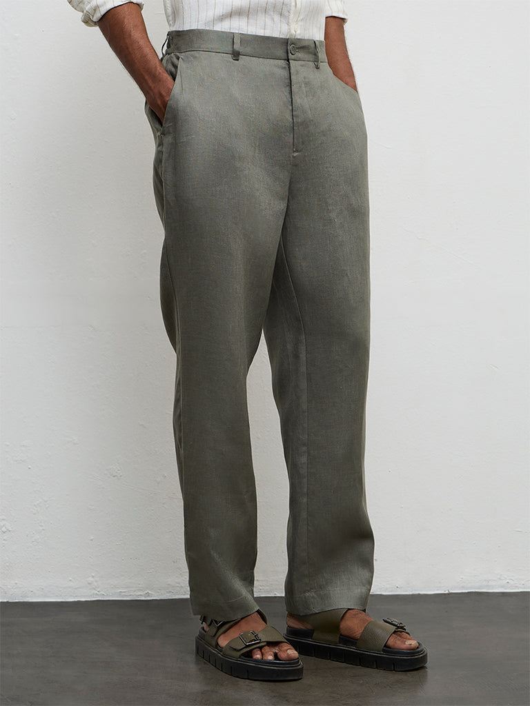 Ascot Dark Sage Relaxed-Fit Mid-Rise Linen Trousers