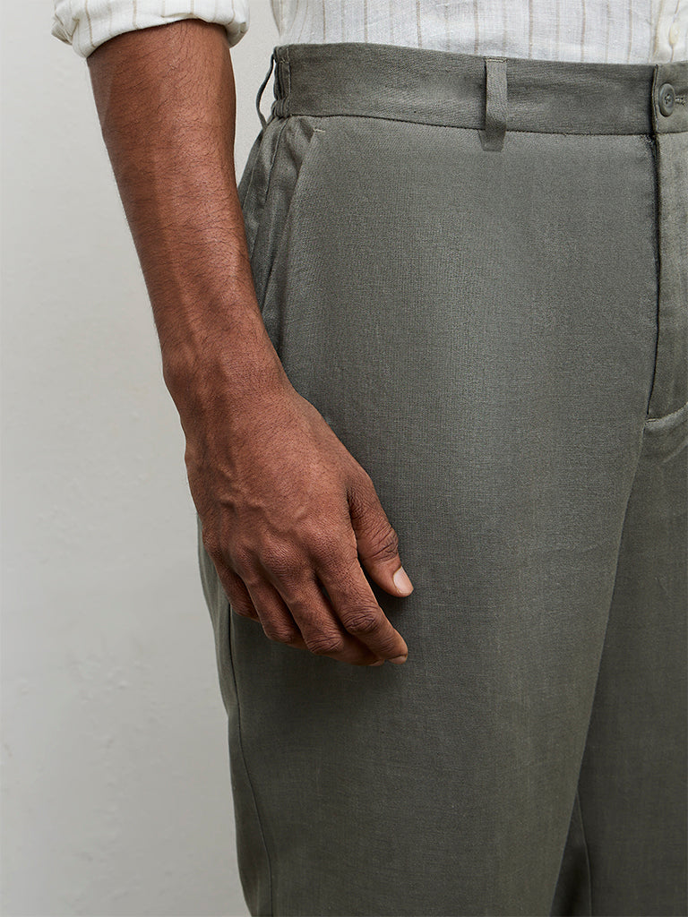 Ascot Dark Sage Relaxed-Fit Mid-Rise Linen Trousers
