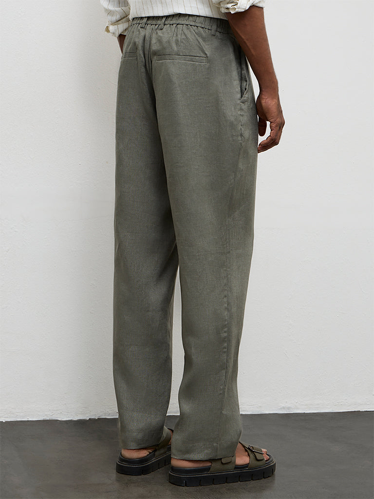 Ascot Dark Sage Relaxed-Fit Mid-Rise Linen Trousers