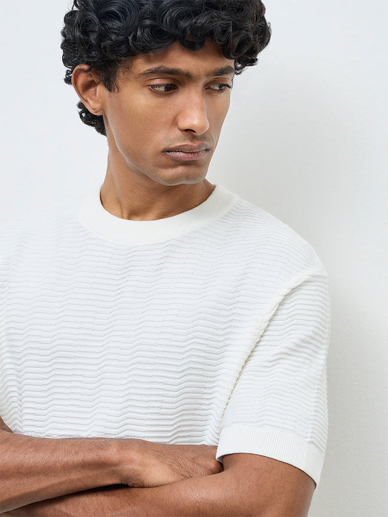 Ascot White Textured Relaxed-Fit Cotton T-Shirt