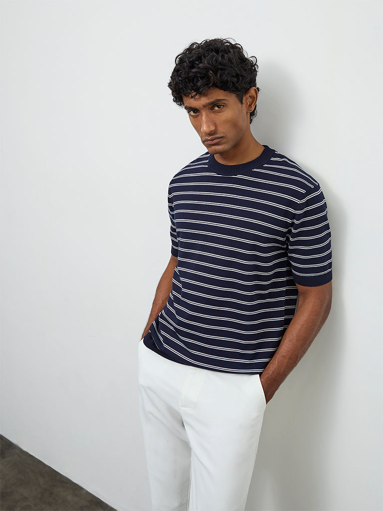 Ascot Navy Striped Printed Relaxed-Fit Cotton-Blend T-Shirt