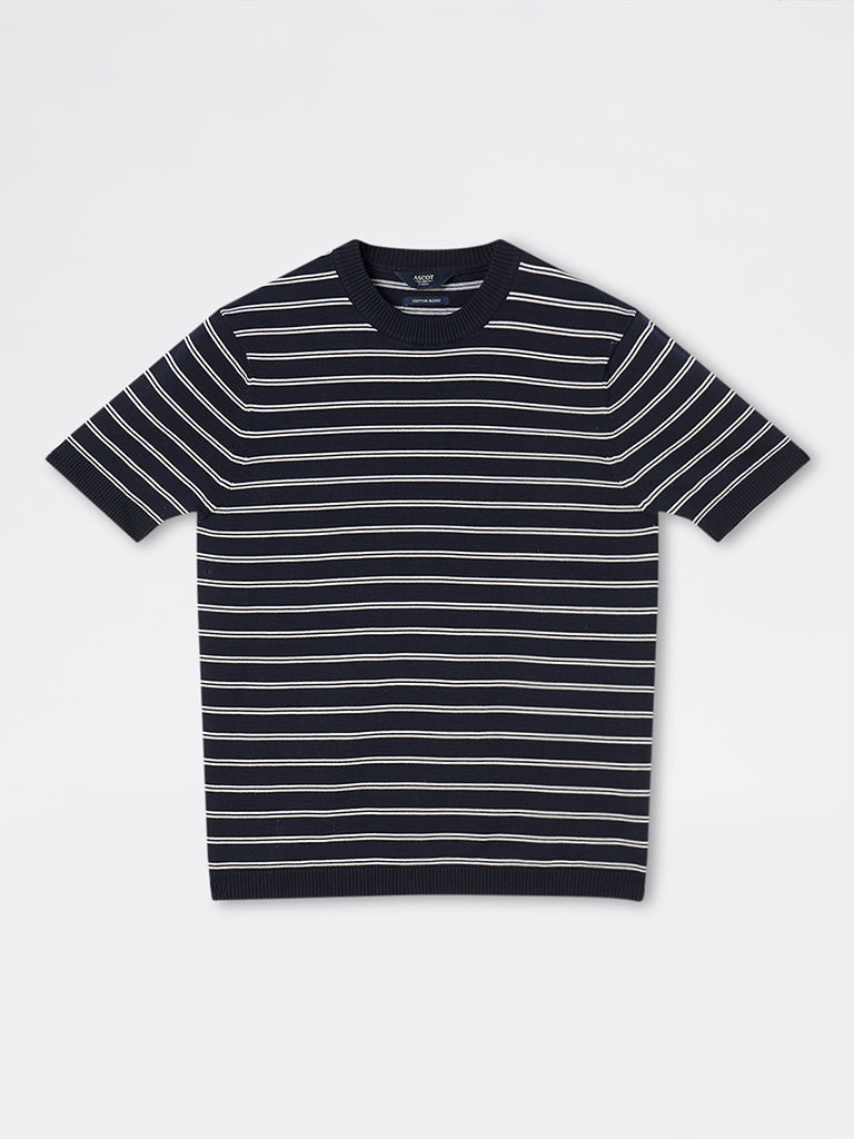 Ascot Navy Striped Printed Relaxed-Fit Cotton-Blend T-Shirt