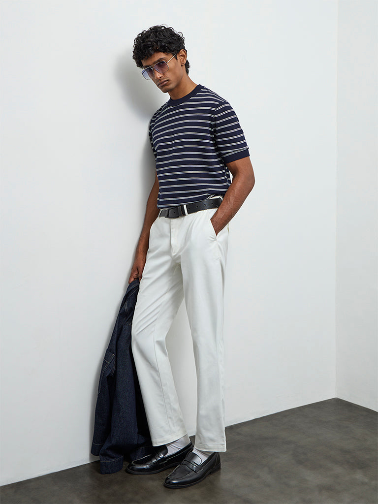 Ascot Navy Striped Printed Relaxed-Fit Cotton-Blend T-Shirt