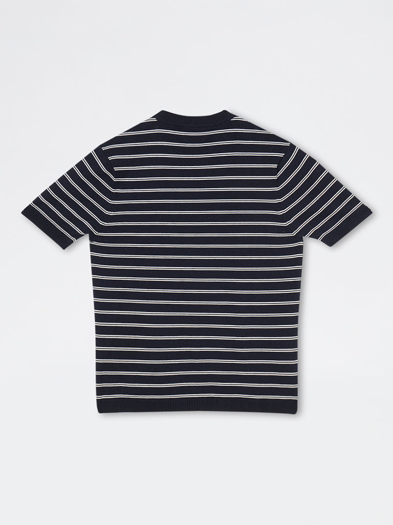 Ascot Navy Striped Printed Relaxed-Fit Cotton-Blend T-Shirt