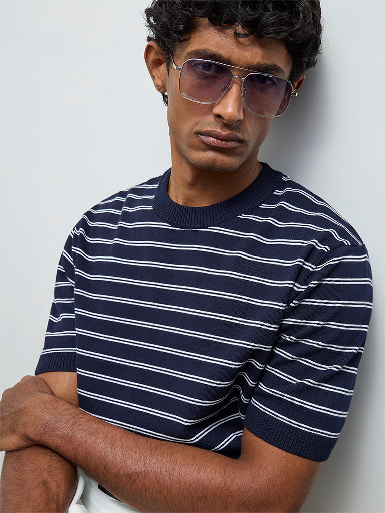 Ascot Navy Striped Printed Relaxed-Fit Cotton-Blend T-Shirt