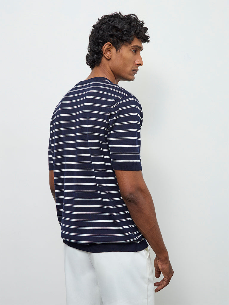 Ascot Navy Striped Printed Relaxed-Fit Cotton-Blend T-Shirt