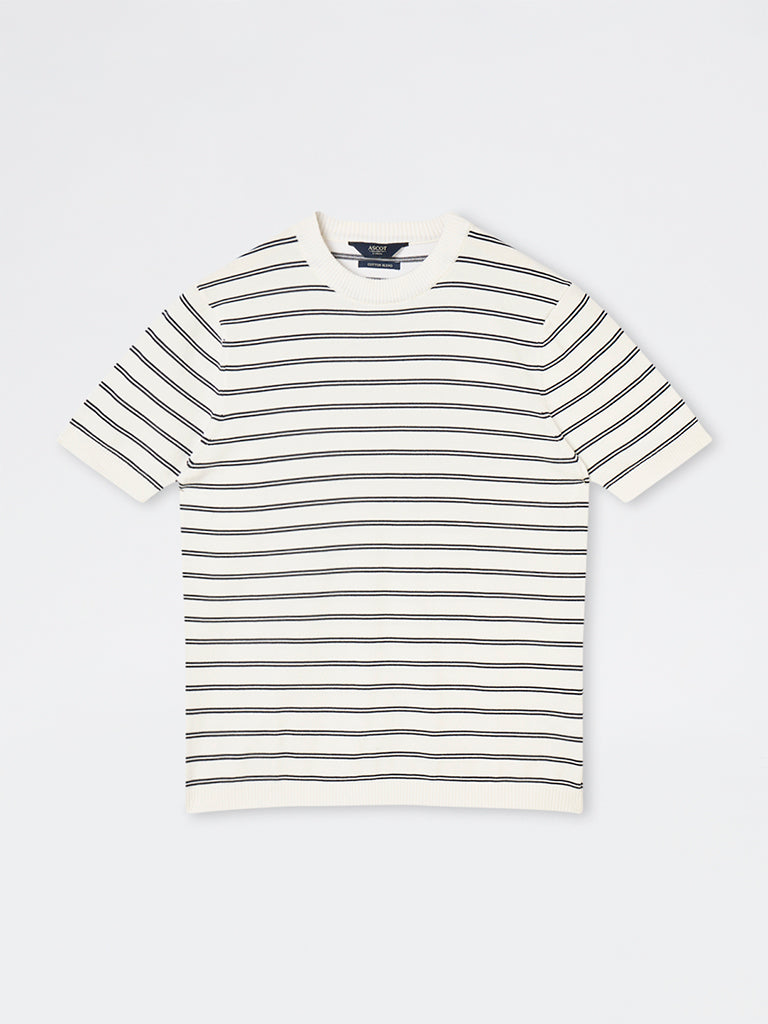 Ascot Off-White Striped Printed Relaxed-Fit Cotton-Blend T-Shirt
