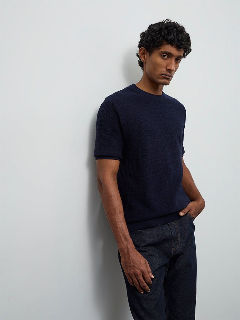 Ascot Navy Textured Relaxed-Fit Cotton T-Shirt