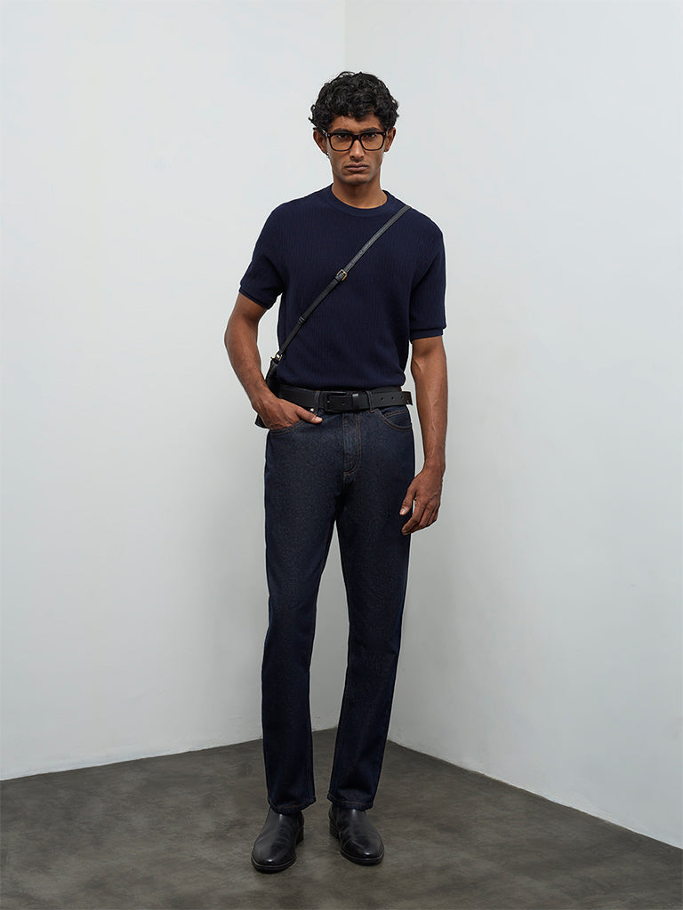 Ascot Navy Textured Relaxed-Fit Cotton T-Shirt