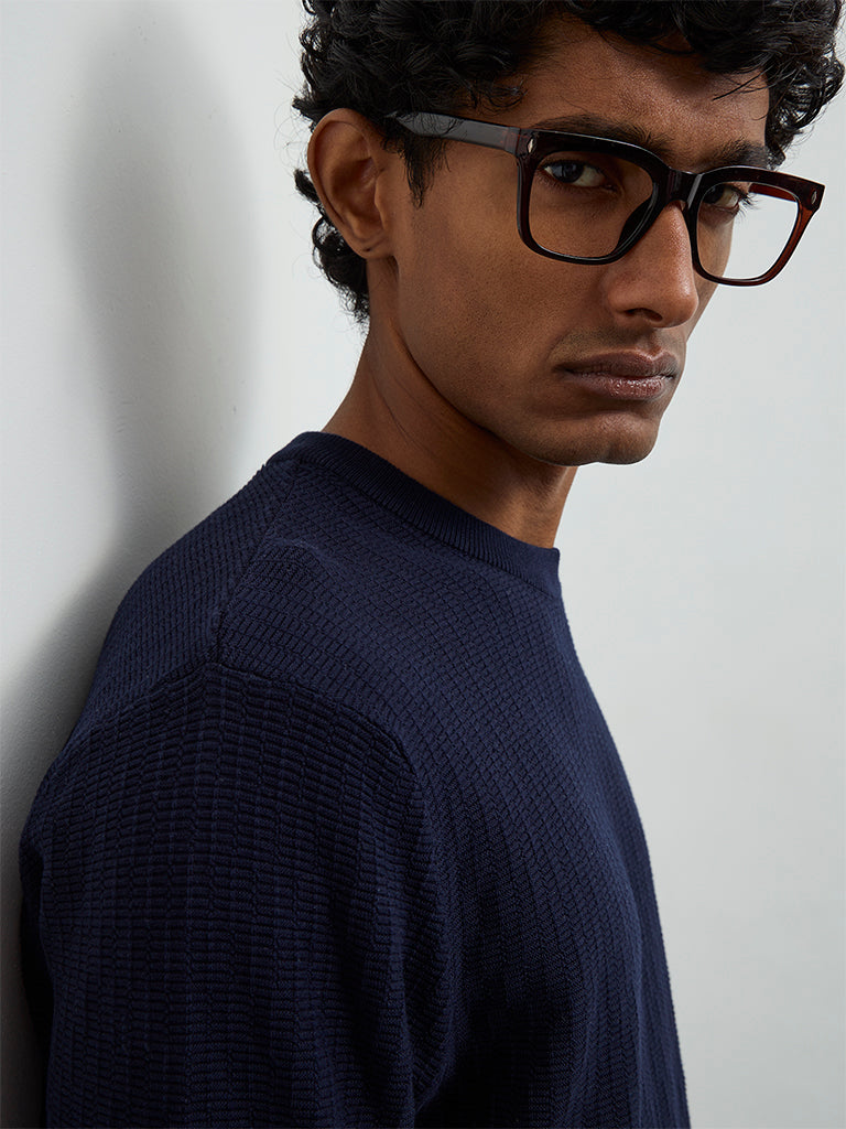 Ascot Navy Textured Relaxed-Fit Cotton T-Shirt