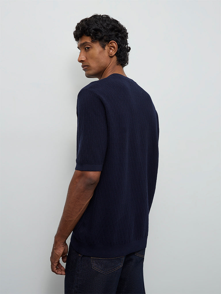 Ascot Navy Textured Relaxed-Fit Cotton T-Shirt