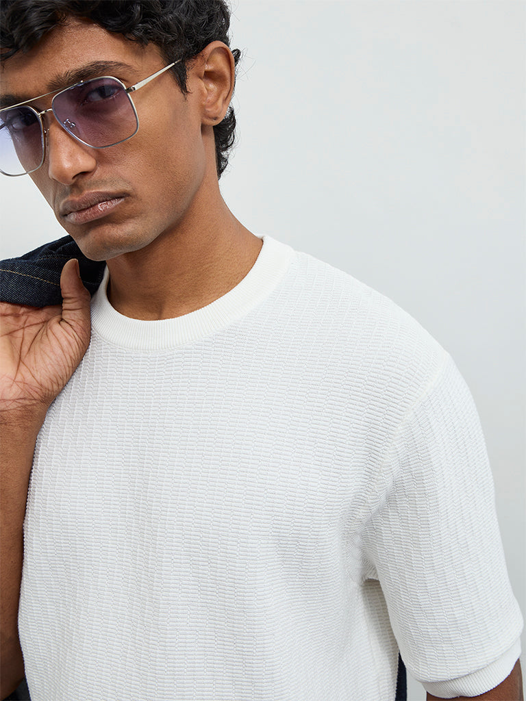 Ascot White Textured Relaxed-Fit Cotton T-Shirt