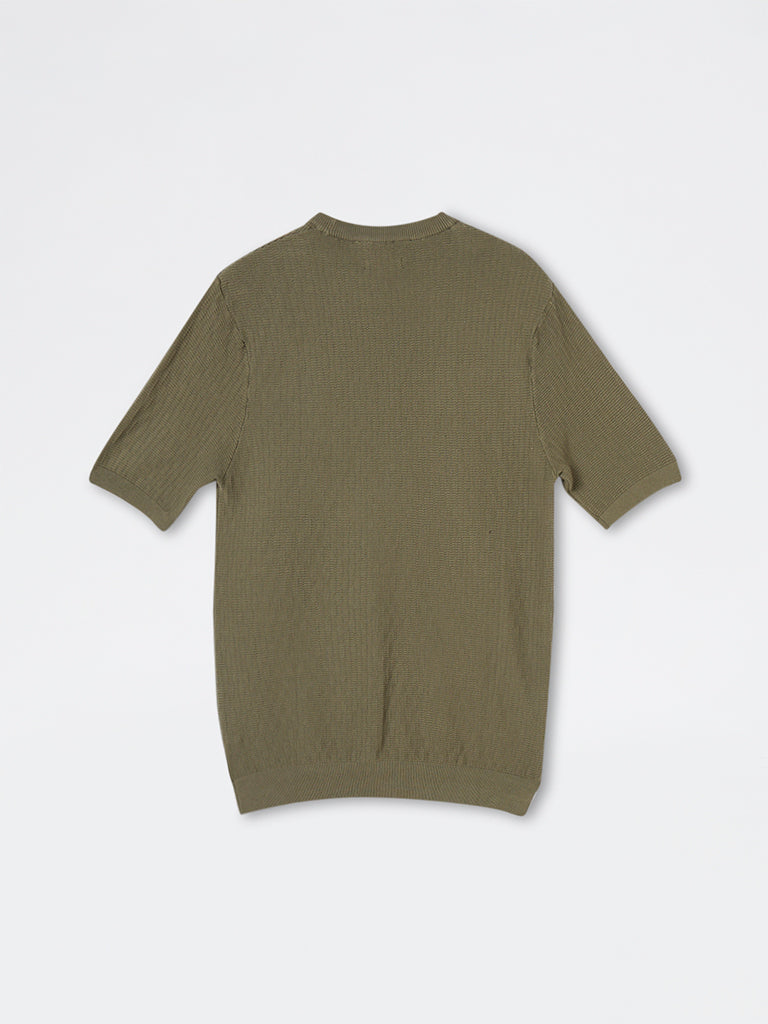 Ascot Olive Textured Relaxed-Fit Cotton T-Shirt