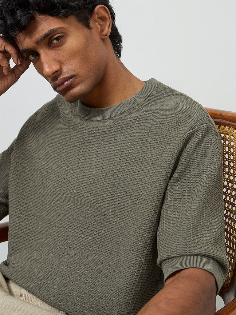 Ascot Olive Textured Relaxed-Fit Cotton T-Shirt
