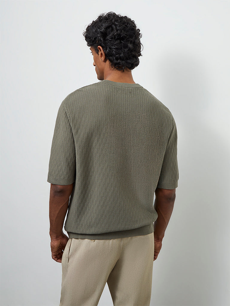 Ascot Olive Textured Relaxed-Fit Cotton T-Shirt