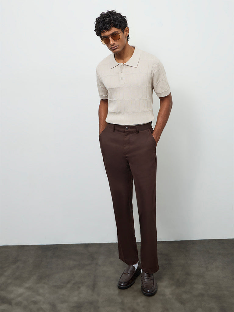 Ascot Beige Knit-Textured Relaxed-Fit Cotton Polo T-Shirt