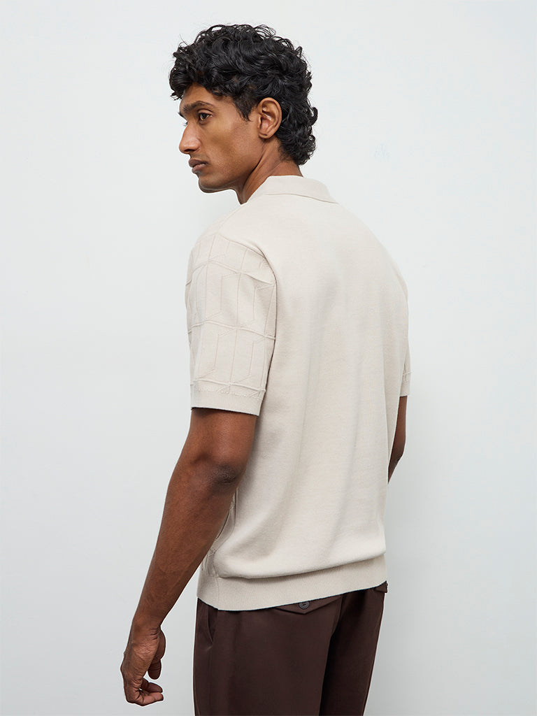 Ascot Beige Knit-Textured Relaxed-Fit Cotton Polo T-Shirt