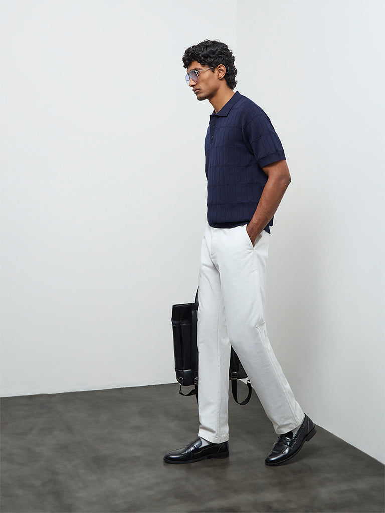 Ascot Navy Textured Relaxed-Fit Cotton Polo T-Shirt