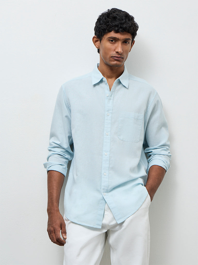 WES Casuals Light Teal Relaxed Fit Cotton-Blend Shirt