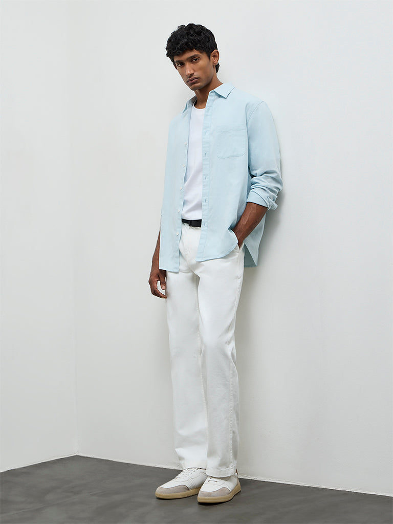 WES Casuals Light Teal Relaxed Fit Cotton-Blend Shirt