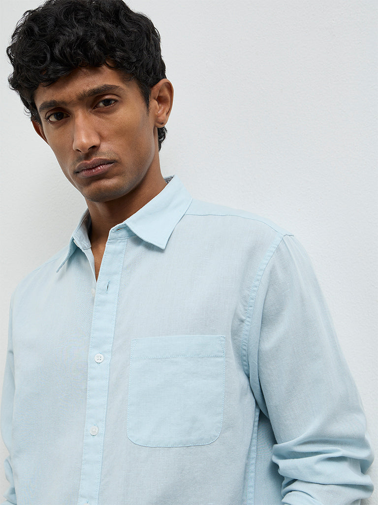 WES Casuals Light Teal Relaxed Fit Cotton-Blend Shirt